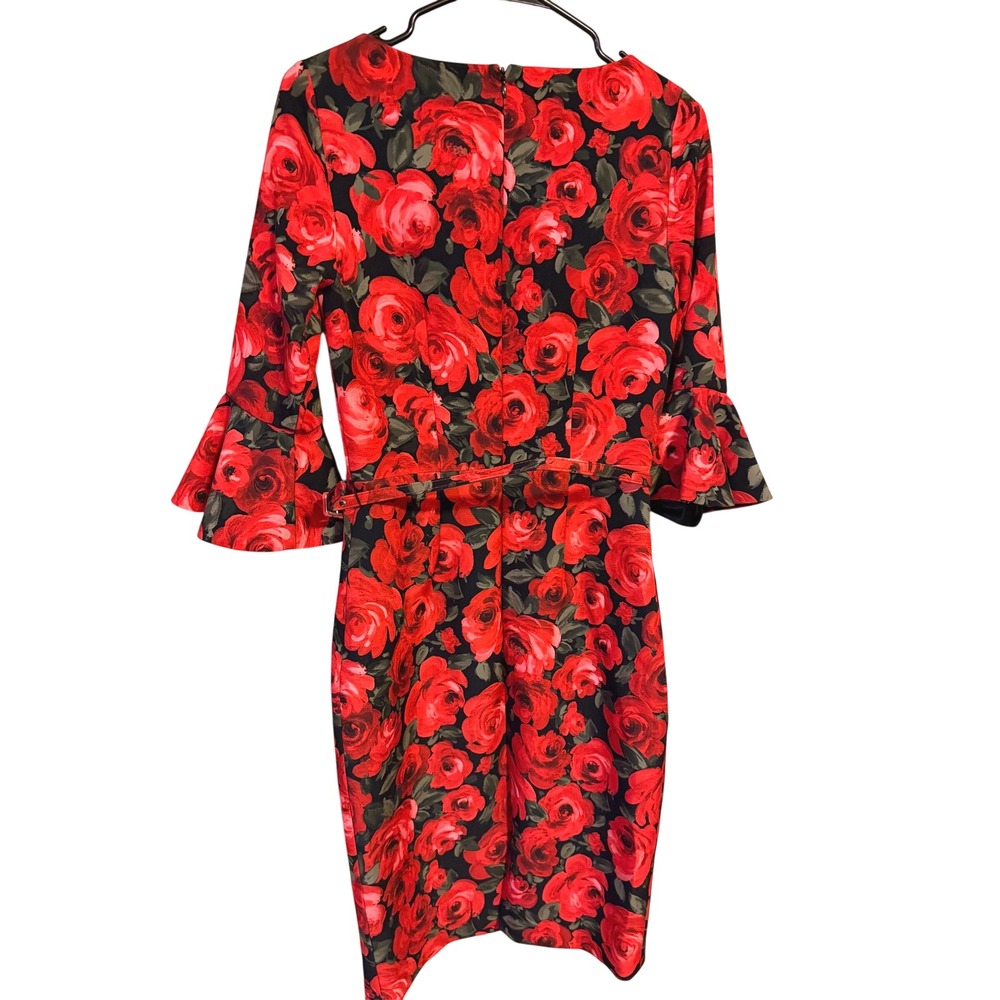 David Meister Red Rose Floral Romantic Sheath Dress Bell Sleeves Belted Size 2